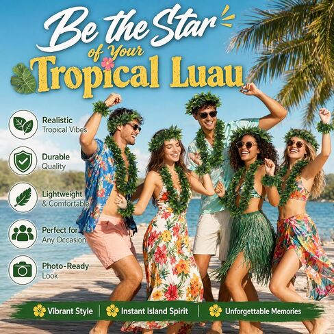Housoutil Hawaiian Green Leaf Leis Set, Green Hawaiian Party Garland, Tropical Hula Dance Accessories, Artificial Foliage Necklace Headband Wristbands, Summer Beach Jungle Hula Costume for Party in Kuwait