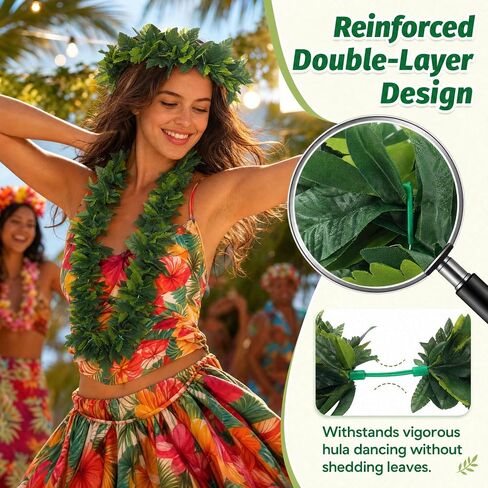 Housoutil Hawaiian Green Leaf Leis Set, Green Hawaiian Party Garland, Tropical Hula Dance Accessories, Artificial Foliage Necklace Headband Wristbands, Summer Beach Jungle Hula Costume for Party in Kuwait