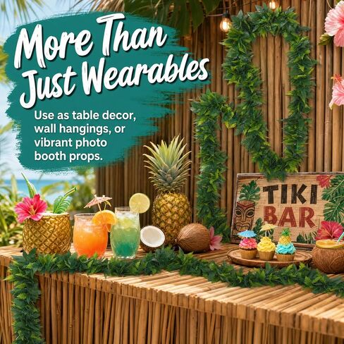 Housoutil Hawaiian Green Leaf Leis Set, Green Hawaiian Party Garland, Tropical Hula Dance Accessories, Artificial Foliage Necklace Headband Wristbands, Summer Beach Jungle Hula Costume for Party in Kuwait
