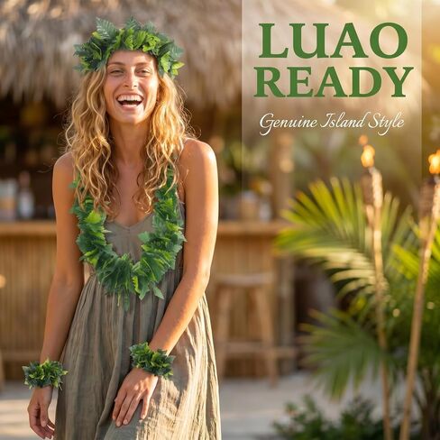 Housoutil Hawaiian Green Leaf Leis Set, Green Hawaiian Party Garland, Tropical Hula Dance Accessories, Artificial Foliage Necklace Headband Wristbands, Summer Beach Jungle Hula Costume for Party in Kuwait