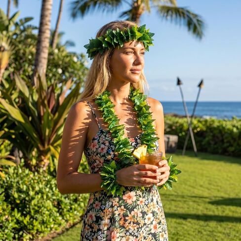 Housoutil Hawaiian Green Leaf Leis Set, Green Hawaiian Party Garland, Tropical Hula Dance Accessories, Artificial Foliage Necklace Headband Wristbands, Summer Beach Jungle Hula Costume for Party in Kuwait