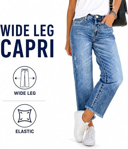 Plus Size Jeans for Women High Waist High Stretchy Wide Leg Capri Length Denim Jeans Pants in Kuwait
