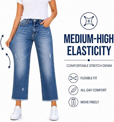 Plus Size Jeans for Women High Waist High Stretchy Wide Leg Capri Length Denim Jeans Pants in Kuwait
