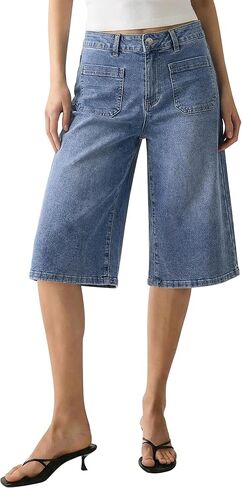 luvamia Capri Jeans for Women Wide Leg Trendy High Waisted Patch Pocket Loose Straight Casual Stretchy Denim Capri Pants in Kuwait