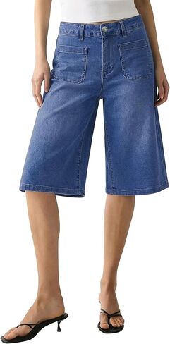 luvamia Capri Jeans for Women Wide Leg Trendy High Waisted Patch Pocket Loose Straight Casual Stretchy Denim Capri Pants in Kuwait