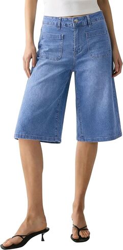 luvamia Capri Jeans for Women Wide Leg Trendy High Waisted Patch Pocket Loose Straight Casual Stretchy Denim Capri Pants in Kuwait