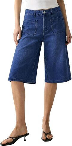luvamia Capri Jeans for Women Wide Leg Trendy High Waisted Patch Pocket Loose Straight Casual Stretchy Denim Capri Pants in Kuwait