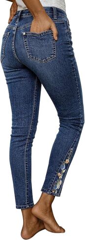 Flamingals Skinny High Rise Jeans for Women Wash Floral Embroidery V Cut Trendy Slim Fit Denim Jeans with Pockets in Kuwait