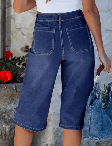luvamia Capri Jeans for Women Wide Leg Trendy High Waisted Patch Pocket Loose Straight Casual Stretchy Denim Capri Pants in Kuwait