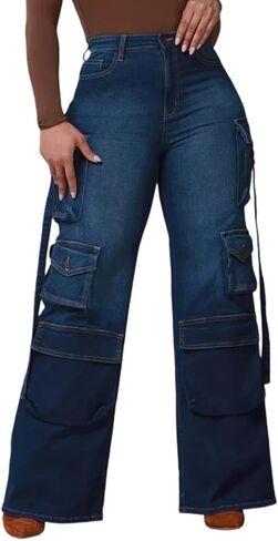 Women's Wide Leg Jeans High Waisted Cargo Pocket Baggy Stretchy Casual Denim Pants in Saudi Arabia