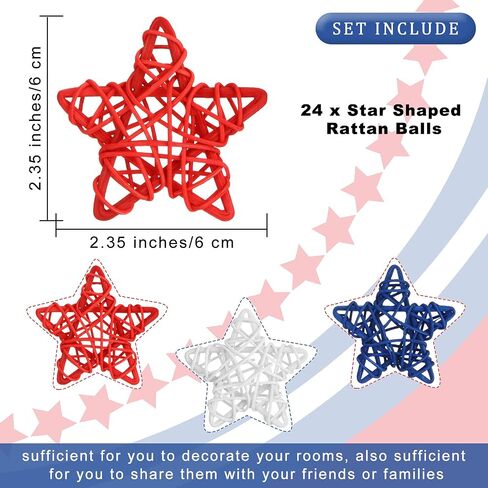 Jetec 24 Pcs 4th of July Red White Blue Stars Decoration 250th Anniversary Independence Day Patriotic Stars for Vase Bowl Filler Memorial Day Natural Rattan Decor for Table Home DIY Craft Ornament in Kuwait