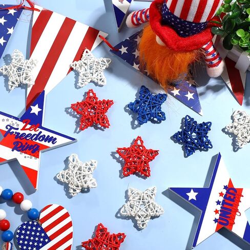 Jetec 24 Pcs 4th of July Red White Blue Stars Decoration 250th Anniversary Independence Day Patriotic Stars for Vase Bowl Filler Memorial Day Natural Rattan Decor for Table Home DIY Craft Ornament in Kuwait