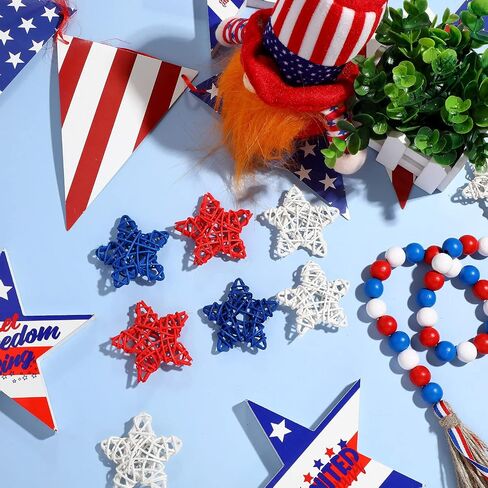 Jetec 24 Pcs 4th of July Red White Blue Stars Decoration 250th Anniversary Independence Day Patriotic Stars for Vase Bowl Filler Memorial Day Natural Rattan Decor for Table Home DIY Craft Ornament in Kuwait