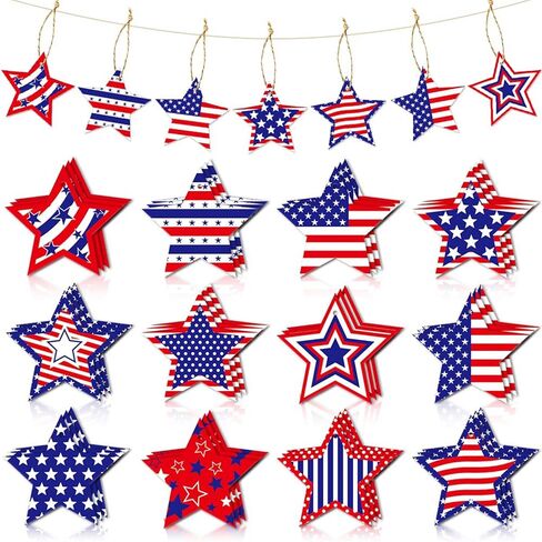 24Pcs Independence Day Hanging Ornaments Wooden Red White Blue Star Ornament with Ropes Patriotic US Flag Hanging Decorations Stars Shaped Crafts for 4th of July American Holiday Party Supplies in Saudi Arabia