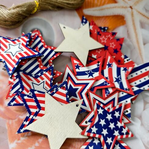24Pcs Independence Day Hanging Ornaments Wooden Red White Blue Star Ornament with Ropes Patriotic US Flag Hanging Decorations Stars Shaped Crafts for 4th of July American Holiday Party Supplies in Saudi Arabia