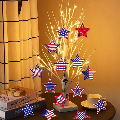24Pcs Independence Day Hanging Ornaments Wooden Red White Blue Star Ornament with Ropes Patriotic US Flag Hanging Decorations Stars Shaped Crafts for 4th of July American Holiday Party Supplies in Saudi Arabia