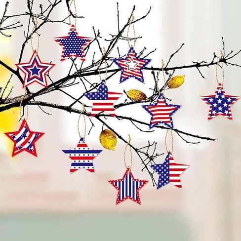 24Pcs Independence Day Hanging Ornaments Wooden Red White Blue Star Ornament with Ropes Patriotic US Flag Hanging Decorations Stars Shaped Crafts for 4th of July American Holiday Party Supplies in Saudi Arabia