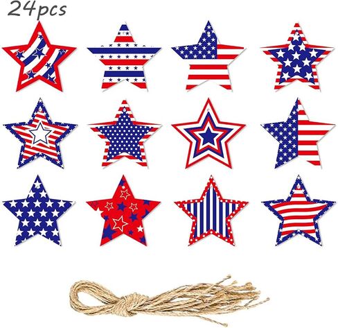 24Pcs Independence Day Hanging Ornaments Wooden Red White Blue Star Ornament with Ropes Patriotic US Flag Hanging Decorations Stars Shaped Crafts for 4th of July American Holiday Party Supplies in Saudi Arabia