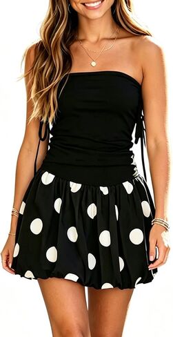 Polka Dot Strapless Mini Dress for Women Bubble Hem Ruched Tube Top Dresses Trendy Summer A-Line Bandeau Sundress in Saudi Arabia