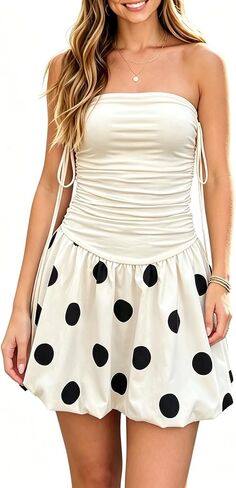 Polka Dot Strapless Mini Dress for Women Bubble Hem Ruched Tube Top Dresses Trendy Summer A-Line Bandeau Sundress in Kuwait
