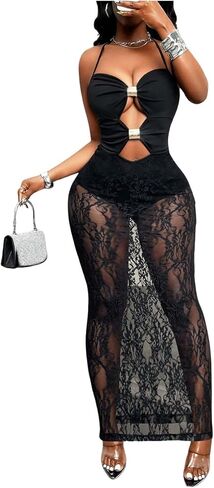 RoseSeek Women's Sheer Lace Cut Out Halter Dress Bodycon Maxi Dresses Night Out Cocktail Party Dress in Kuwait