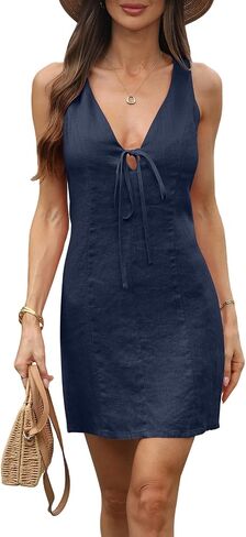 Women's 100% Linen Dress Sexy V Neck Tie Front Sleeveless Back Zipper 2026 Summer Mini Dresses in Saudi Arabia
