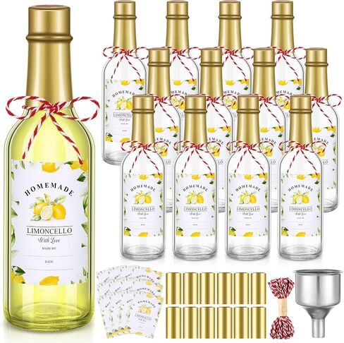 Reallnaive 12 مجموعة من زجاجات Limoncello الزجاجية مجموعات 8 أونصة زجاجات زجاجية شفافة ليمونسيلو محلية الصنع مع العلامات والخيوط والقمع لتخمير المنزل وحفلات الزفاف وحفلات استقبال المولود الجديد in Kuwait