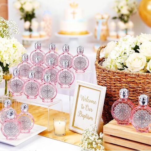 Yungyan 24 Pcs Glass Holy Water Bottles Baptism Favors for Guests Small Holy Water Containers with Golden Cross Emblem for Catholic Christian Church Wedding Baptism First Communion Gifts (Pink Silver) in Kuwait