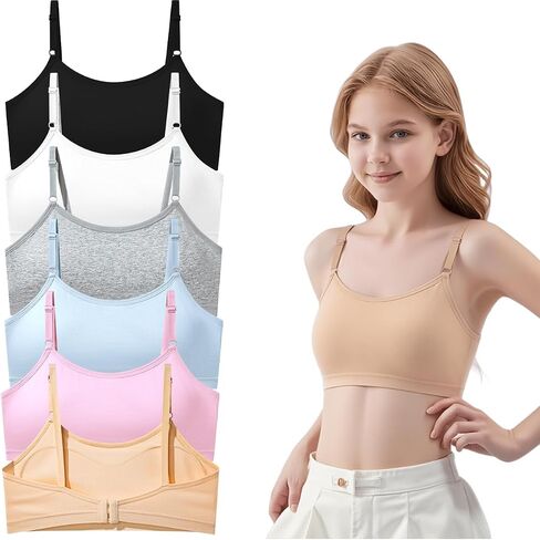 6 Pack Cotton Sports Bras for Teen Girls Adjustable Spaghetti Straps Built in Bra Pads Ages 10-18 in Kuwait