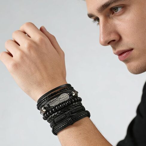 3 Pcs Punk Bracelet Set, Leather Braided Cuffs with Alt Necklaces & Keychain, Stackable Emo Bracelets for Men Women Accessories Grunge Alt Style in Saudi Arabia