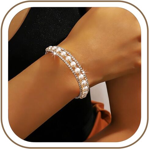 14K Gold Plated Pearl Bracelet for Women Multilayer Rhinestone Stretch Cuff Vintage Wedding Jewelry for Brides Bridesmaids Adjustable Bridal Brides Holiday Party Gifts in Saudi Arabia