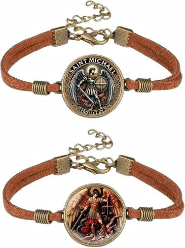 2 Pcs Archangel Saint Michael Leather Bracelet Set - Zinc Alloy Crystal Glass Pendant, Lucky Protection Jewelry, Adjustable Chain, Vintage Style in Saudi Arabia