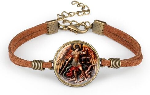 2 Pcs Archangel Saint Michael Leather Bracelet Set - Zinc Alloy Crystal Glass Pendant, Lucky Protection Jewelry, Adjustable Chain, Vintage Style in Saudi Arabia