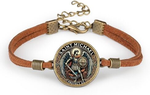 2 Pcs Archangel Saint Michael Leather Bracelet Set - Zinc Alloy Crystal Glass Pendant, Lucky Protection Jewelry, Adjustable Chain, Vintage Style in Saudi Arabia