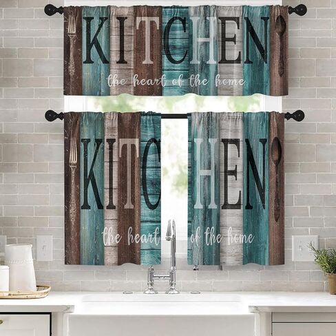 Teal and Brown Kitchen Window Curtains Valance and Tier Set 36 Inch, Rustic Farmhouse Turquoise Rod Pocket Short Tier Curtain for Bathroom, Wooden Home Small Cafe Drapes for Kitchen Decor in Saudi Arabia