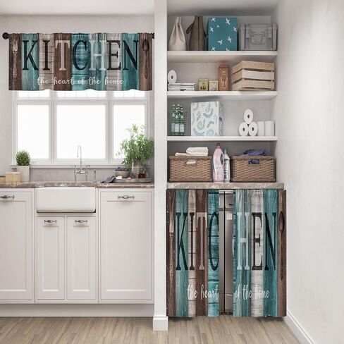 Teal and Brown Kitchen Window Curtains Valance and Tier Set 36 Inch, Rustic Farmhouse Turquoise Rod Pocket Short Tier Curtain for Bathroom, Wooden Home Small Cafe Drapes for Kitchen Decor in Saudi Arabia