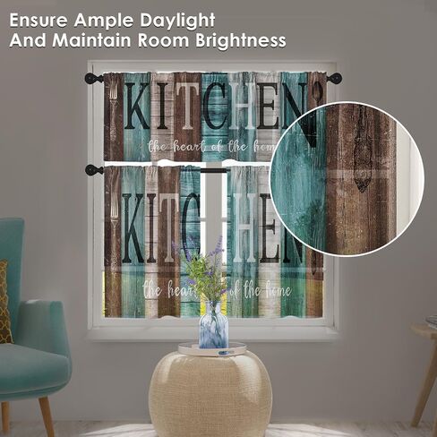 Teal and Brown Kitchen Window Curtains Valance and Tier Set 36 Inch, Rustic Farmhouse Turquoise Rod Pocket Short Tier Curtain for Bathroom, Wooden Home Small Cafe Drapes for Kitchen Decor in Saudi Arabia