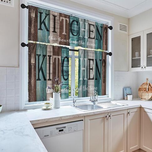 Teal and Brown Kitchen Window Curtains Valance and Tier Set 36 Inch, Rustic Farmhouse Turquoise Rod Pocket Short Tier Curtain for Bathroom, Wooden Home Small Cafe Drapes for Kitchen Decor in Saudi Arabia