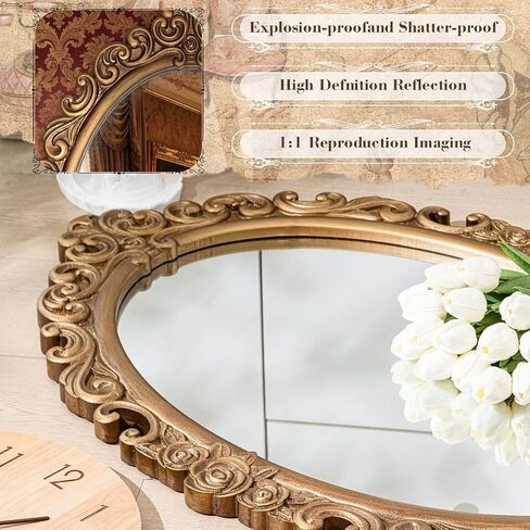 vercraft 24 "× 36" مرآة ذهبية عتيقة للجدار، مرآة باروكية بيضاوية ذهبية عتيقة مع إطار من الراتنج المقلد، ديكور حائط مزخرف للمدخل، المدفأة، غرفة المعيشة، الردهة in Kuwait