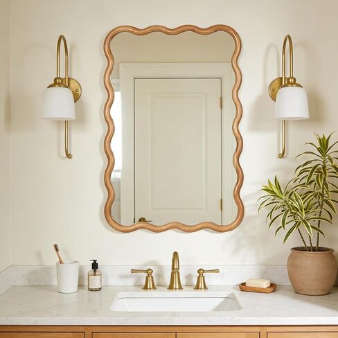 WallBeyond 24"x36" Wavy Wood Mirror, Natural Wood Boho Accent Wall Mirror with Wooden Frame, Decorative Wall Mounted Mirror for Horizontal or Vertical Hanging in Bathroom, Bedroom, Living Room in Saudi Arabia