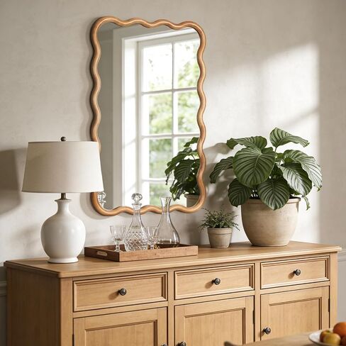 WallBeyond 24"x36" Wavy Wood Mirror, Natural Wood Boho Accent Wall Mirror with Wooden Frame, Decorative Wall Mounted Mirror for Horizontal or Vertical Hanging in Bathroom, Bedroom, Living Room in Saudi Arabia