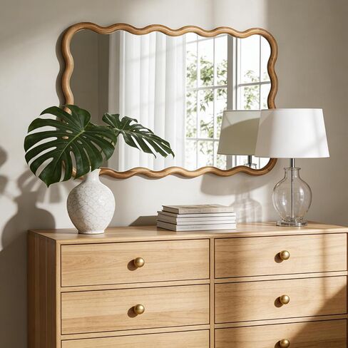 WallBeyond 24"x36" Wavy Wood Mirror, Natural Wood Boho Accent Wall Mirror with Wooden Frame, Decorative Wall Mounted Mirror for Horizontal or Vertical Hanging in Bathroom, Bedroom, Living Room in Saudi Arabia