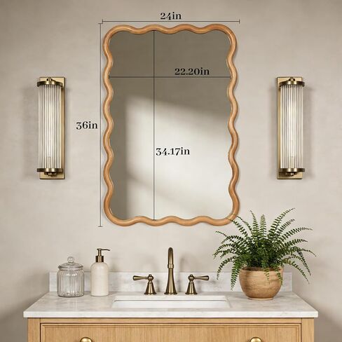 WallBeyond 24"x36" Wavy Wood Mirror, Natural Wood Boho Accent Wall Mirror with Wooden Frame, Decorative Wall Mounted Mirror for Horizontal or Vertical Hanging in Bathroom, Bedroom, Living Room in Saudi Arabia