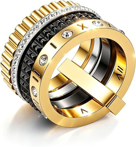 Gold Ring for Women Stainless Steel CZ Zirconia Roman Numeral Ring 4 in 1 Spinner Fashion Rings Stackable Rings Valentines Day Mother's Day Christmas Day Best Gifts Size 5-9 in Saudi Arabia