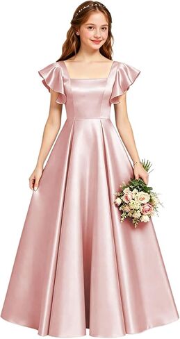 Satin Junior Bridesmaid Dresses Long Square Neck Formal Flower Girl Dress Ruffle Sleeve Teen Girls Prom Ball Gown in Saudi Arabia