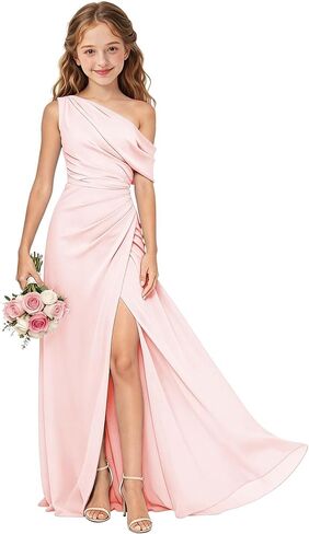 One Shoulder Junior Bridesmaid Dresses Chiffon Long Flower Girl Dress with Slit Ruched Girls Wedding Guest Formal Gown in Saudi Arabia