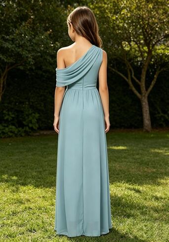 One Shoulder Junior Bridesmaid Dresses Chiffon Long Flower Girl Dress with Slit Ruched Girls Wedding Guest Formal Gown in Saudi Arabia
