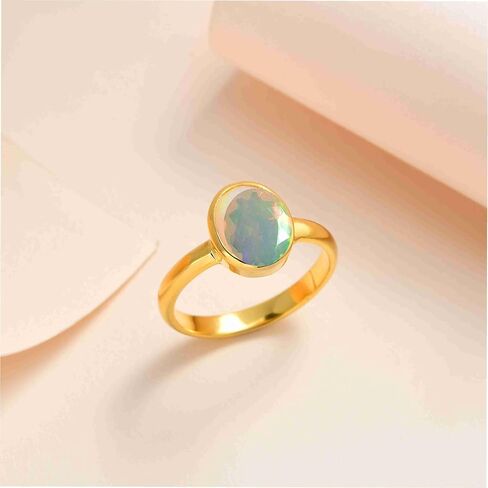 PHNX Natural Ethiopian Opal Ring 18K Gold Plated – Bezel Set Oval Cut, 925 Sterling Silver, October Birthstone Gift for Women, Sizes 5–10 in Saudi Arabia