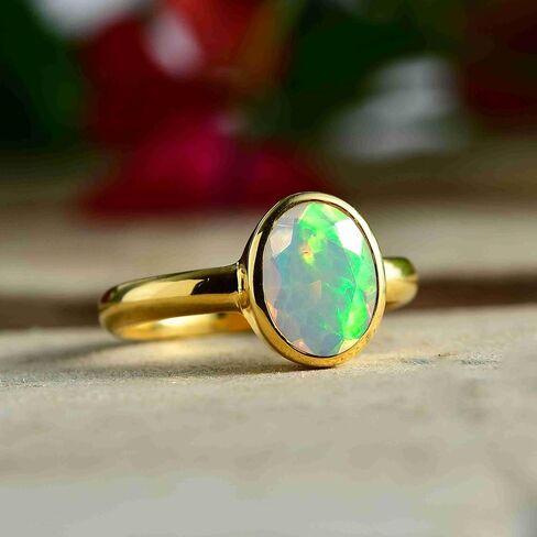 PHNX Natural Ethiopian Opal Ring 18K Gold Plated – Bezel Set Oval Cut, 925 Sterling Silver, October Birthstone Gift for Women, Sizes 5–10 in Saudi Arabia