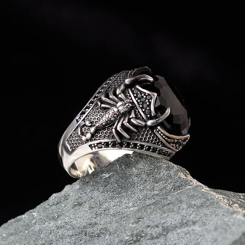 Scorpion Model Ring-Zircon Ring-925k Unisex Silver Jewelry-Vintage Gemstone Ring-Gift for Him and Her-925k Turkish Handmade Sterling Silver Black Ring in Saudi Arabia